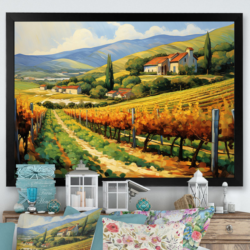 «Van Gogh», reproduction d'art sur toile - Vangogh Sunlit Vineyard II, H 16 po x l 32 po, Impression encadrée, Noir
