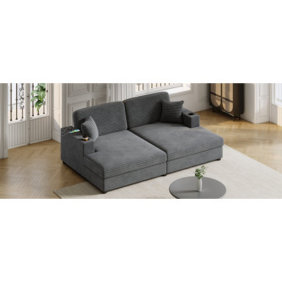 Canapé-lit 86,5 po surdimensionné 86,5 po avec deux ports USB, deux porte-gobelets et deux coussins décoratifs