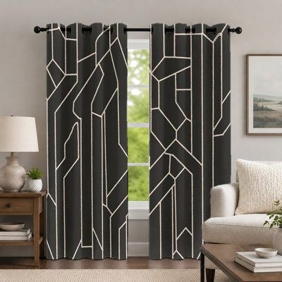 2Pcs Black and White Geometric Curtains, Minimalist Style Curtain, Modern Simple Linear Pattern Printed Art Grommet Drapes, Window Treatment for Bedroom Living Room Decor