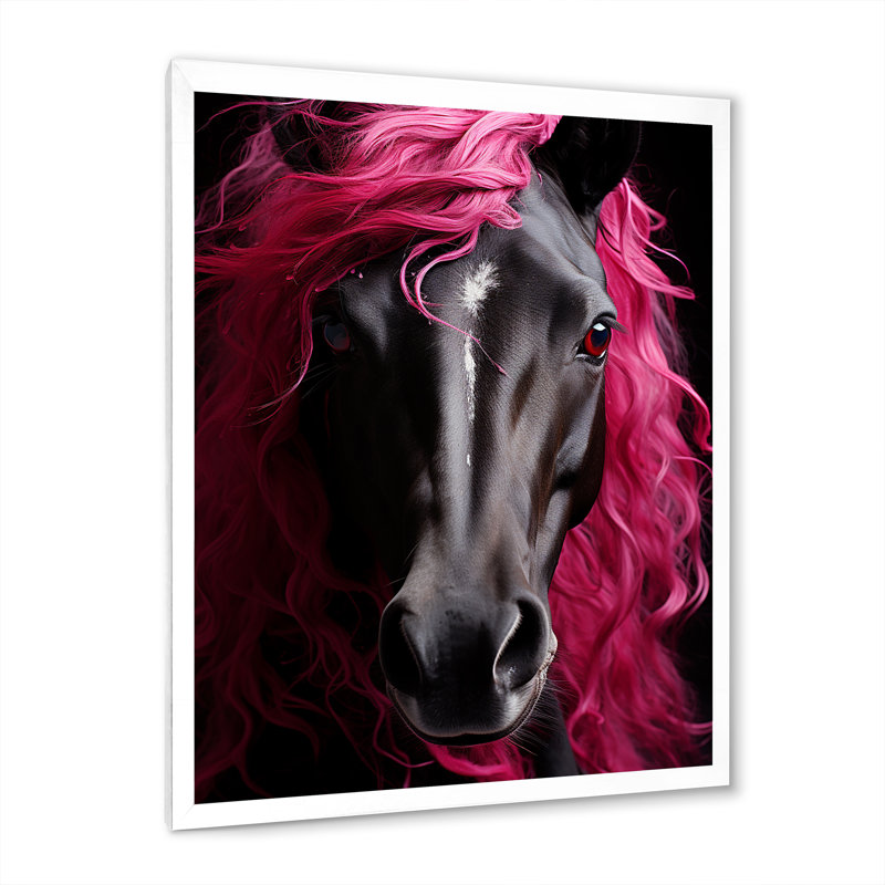 «Black Pink Horse Vibrant Equine I», impressions sur toile, H 20 po x l 12 po x P 1 po, Cadre photo blanc