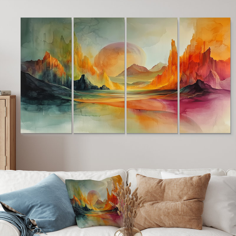 Ensemble de salon vert et orange Tachisme Landscape II - Tachisme Wall Art, H 32 po x l 64 po
