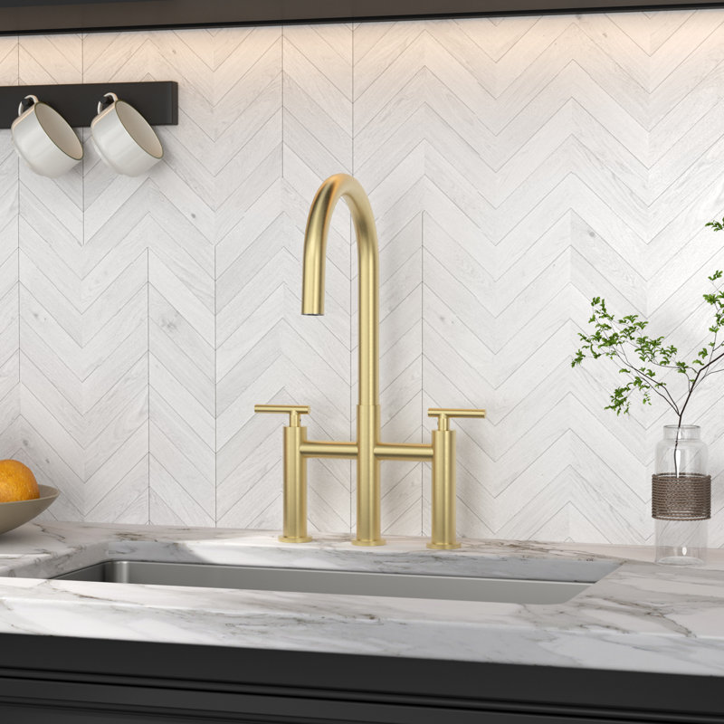 Bridge Kitchen Faucet with Hidden Pull Down Sprayer, 3 Hole 8 Inch Kitchen Sink Faucet, Solid Brass, Gold, Gold