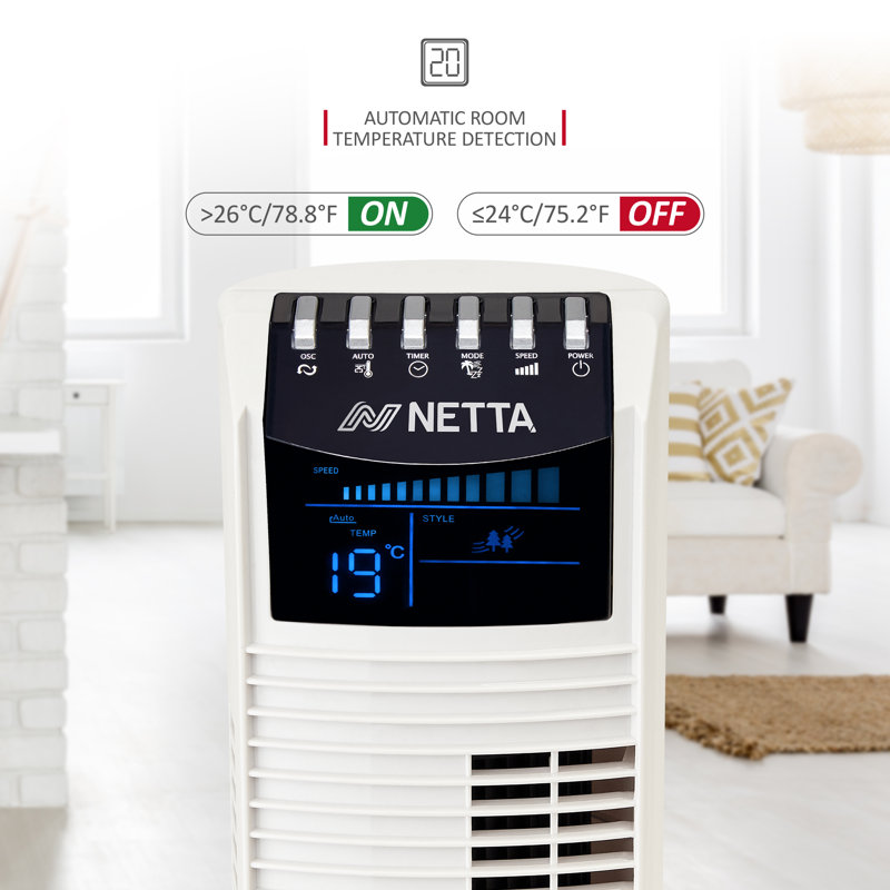 NETTA Tower Fan, 36 Inch Oscillating With Remote Control, LED Display, 3 Speed Settings With Timer, White