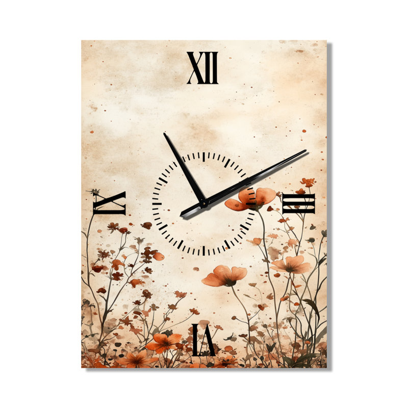 Fleur sauvage brune délicate II - Grande horloge murale minimaliste en métal, H 32 po x l 24 po - Rectangle