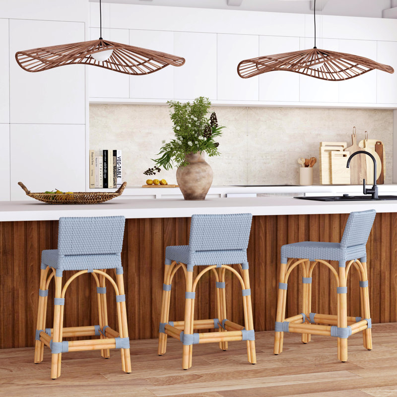 Serienna Blue & White Rattan Low Back Counter Stool, Counter Stool 24" Seat Height, Blue