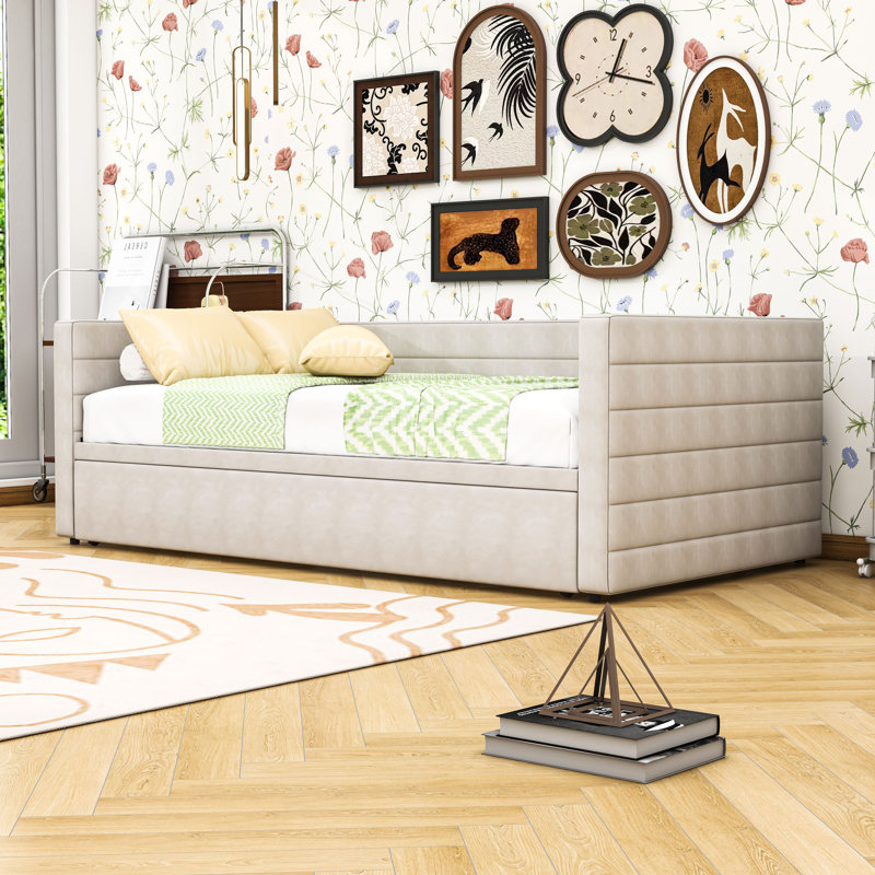 Lit de jour simple rembourré avec design extensible de taille simple à très grand , Beige