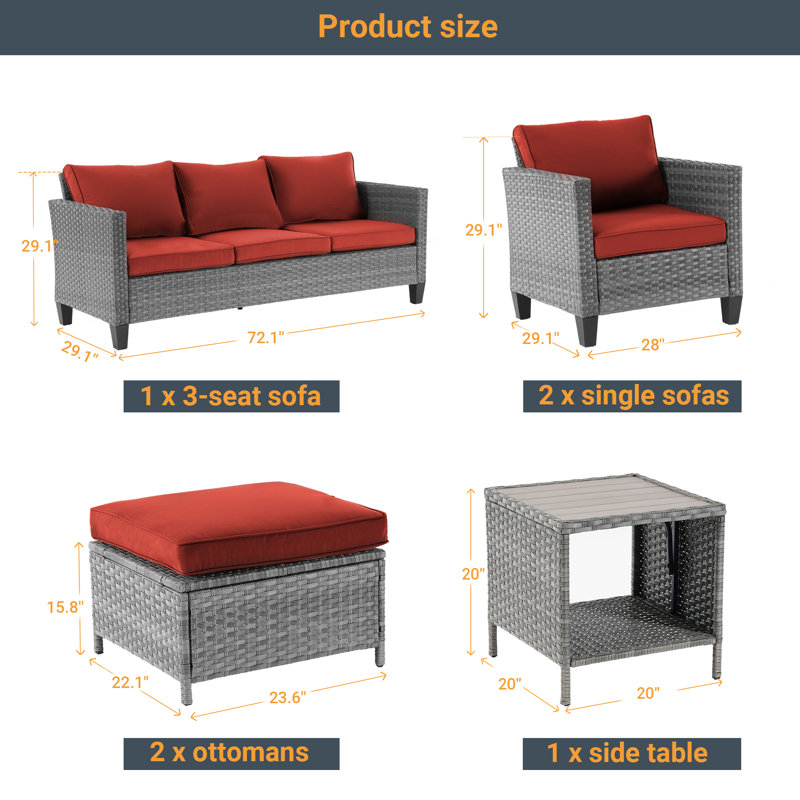 Ensemble de conversation d'extérieur pour 5 personnes avec coussins , Rouge brique