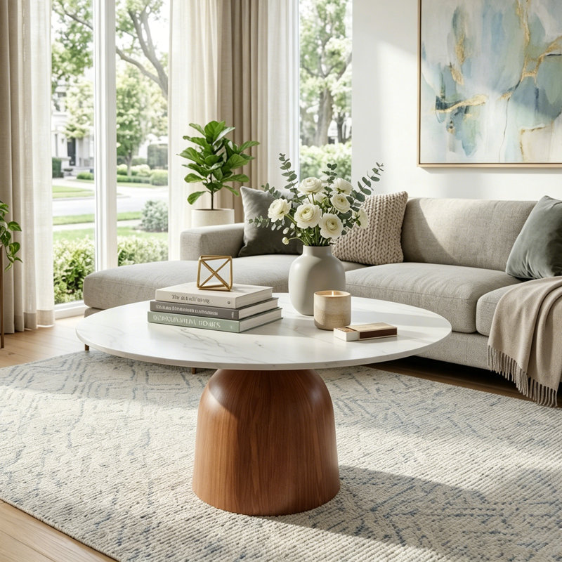Meranda 35"/41" Round Sintered Stone Coffee Table With Walnut Solid Wood Pedestal For Living Room & Home Decor, Soft White