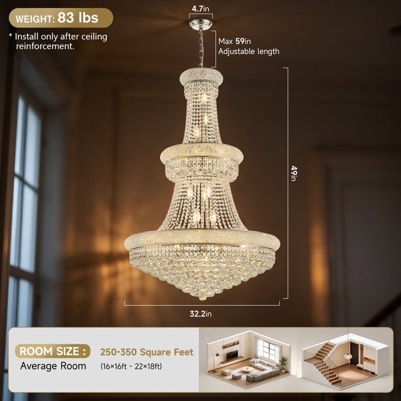32-Inch K9 Crystal Chandelier for Dining Room, Luxury 27-Light French Empire Ceiling Light Fixture for Living Room, Foyer, Staircase & Entryway, Chrome