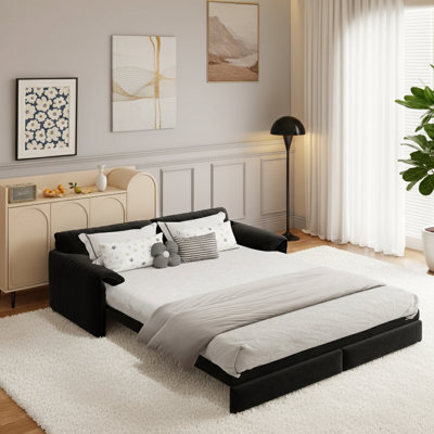 66" Queen Pull Out Sofa Bed, 3-In-1 Convertible Sleeper Sofa With Side Storage,Multi-Functional Velvet Loveseat Bed For Living Room,Bedroom,Apartment,Office.(Black)