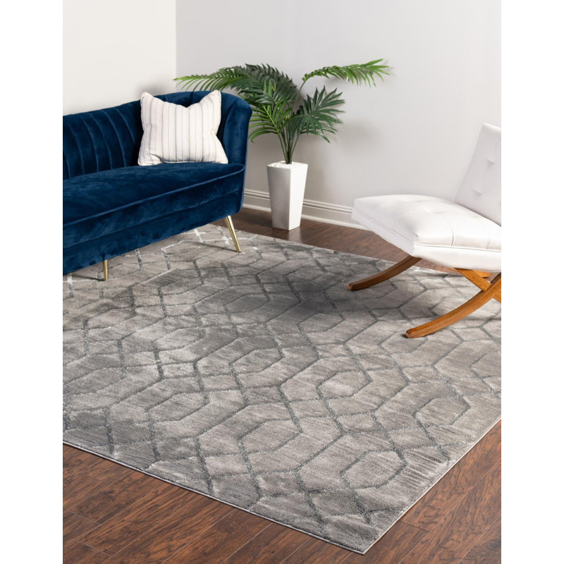 Tapis gris argenté à motif géométrique glam, Carré 7 pi 10 po