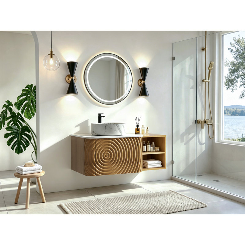 Ensemble de meuble-lavabo mural, lavabo de salle de bain flottant avec lavabo rond en céramique et armoire latérale, ensemble de meuble-lavabo texturé à ondulation d'eau pour les petits espaces, peu encombrant