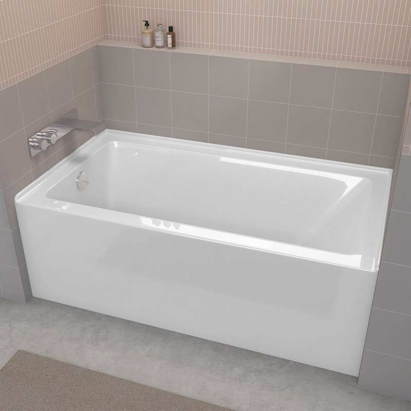 60" X 30" Alcove Soaking Acrylic Bathtub With Drain Integrated Flange Non-slip Rectangular Skirt Tub In White, Left