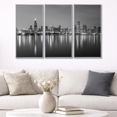 Chicago Skyline at Night, noir et blanc - 3 pièces, cadre photo flottant sur toile