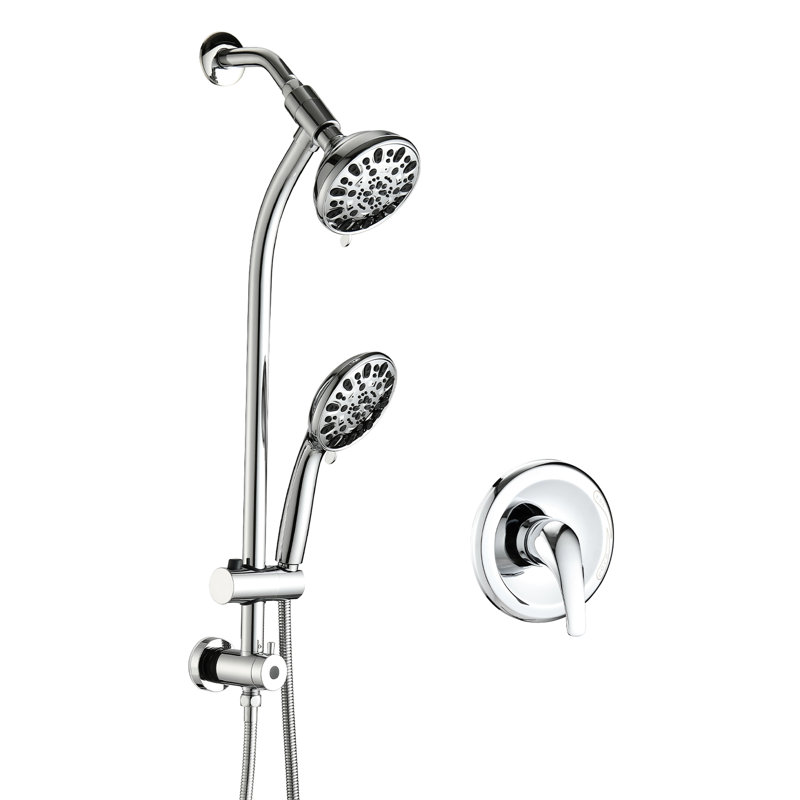 Ensemble de douche double contemporain avec 7 jets, douchette à main de 12,7 cm et pommeau de douche de tête, fonction pause pour économiser l'eau, barre de réglage en hauteur de 66 cm, finition, ensemble de douche complet, options de douche, fixe, caractéristique.