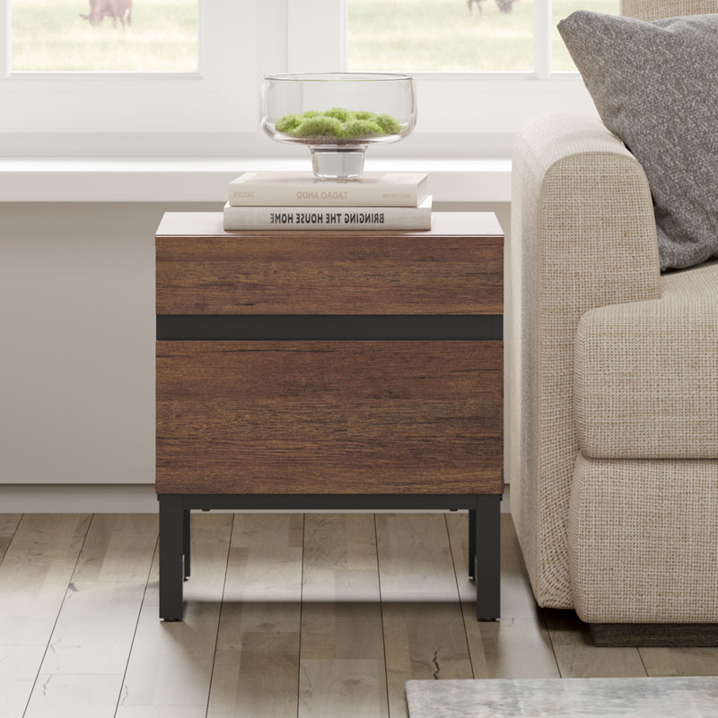 Aadam Modern End Table With 2 Drawers, Farmhouse Sofa Table, Wooden Rustic Side Sofa Table With Metal Leg For Living Room, Nighstand For Bedroom