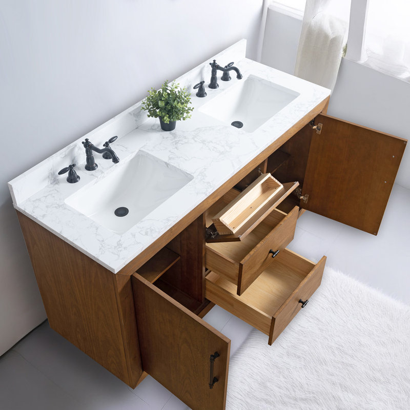 Ensemble de meuble-lavabo autoportant 60 po avec plateau en marbre d'ingénierie Avignon, Blanc Arabescato, Tanné, 60"