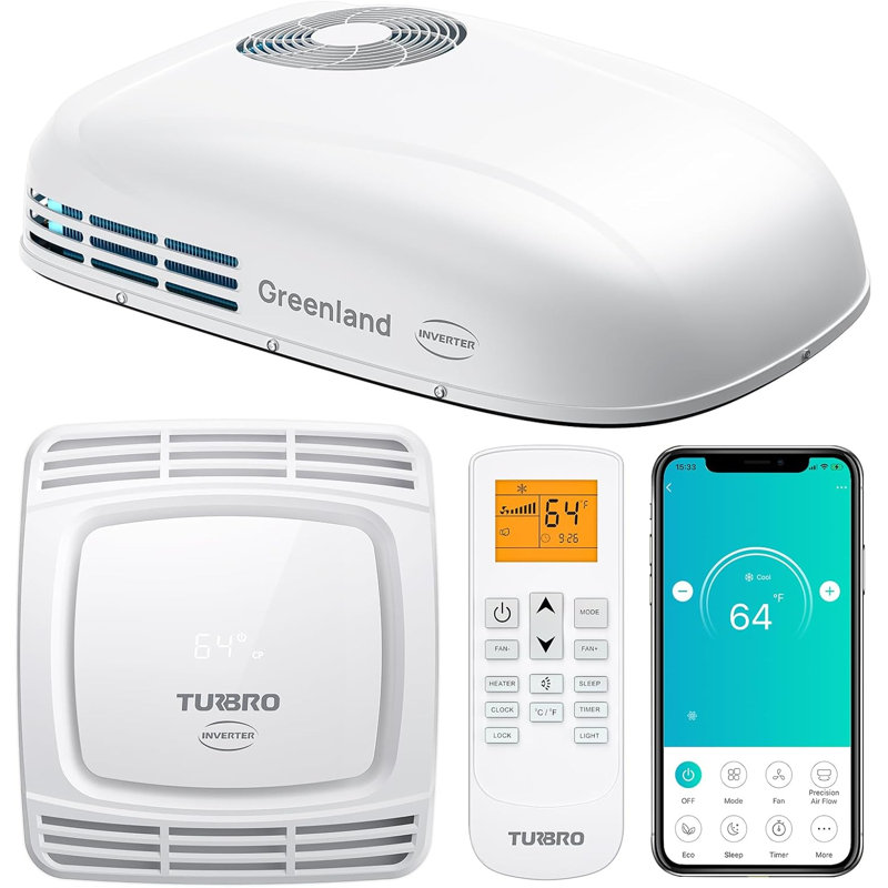 Climatiseur de VR TURBRO Inverter 13 500 BTU avec pompe à chaleur et refroidissement, unité de toit compacte sans conduit | Fonctionnement silencieux | Wi-Fi et télécommande | Éclairage ambiant DEL blanc