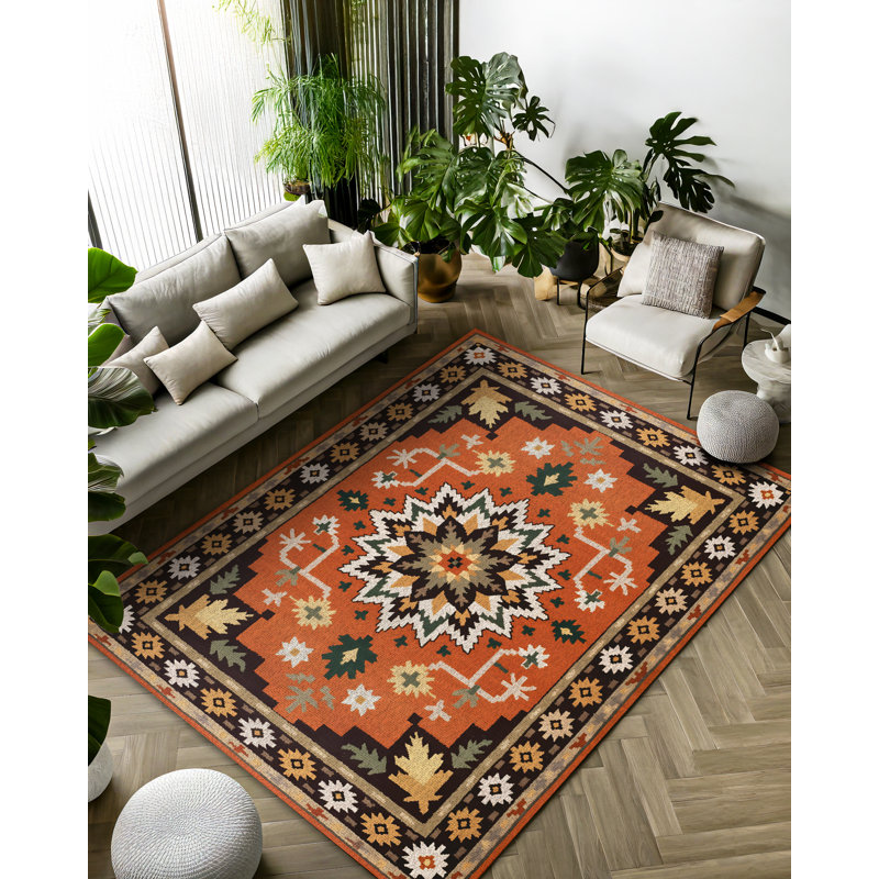 Madeline Collection Digital Print Cotton-Polyester Orange Brown Beige Moroccan Rug, Runner 3'4" x 16'5"