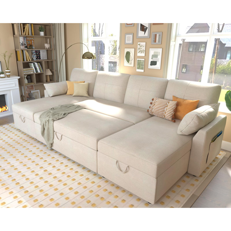 110-Inch Beige Chenille Sectional Sleeper Sofa with Storage Chaise