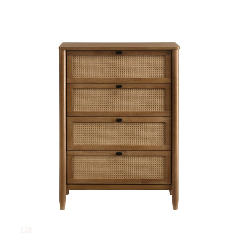Commode à 4 tiroirs en bois et rotin Vichy, capacité de rangement généreuse