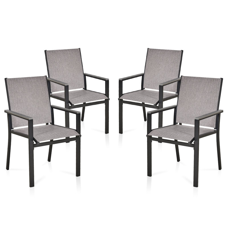 Ensemble de 4 chaises de salle à manger d'extérieur, chaises de patio confortables à haut dossier avec tissu textilène toutes saisons, chaise robuste en métal noir durable de 350 lb pour la pelouse, le jardin, la cour et l'extérieur