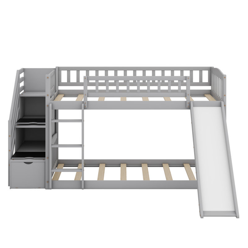 Lit superposé avec escalier de rangement et glissade, Blanc