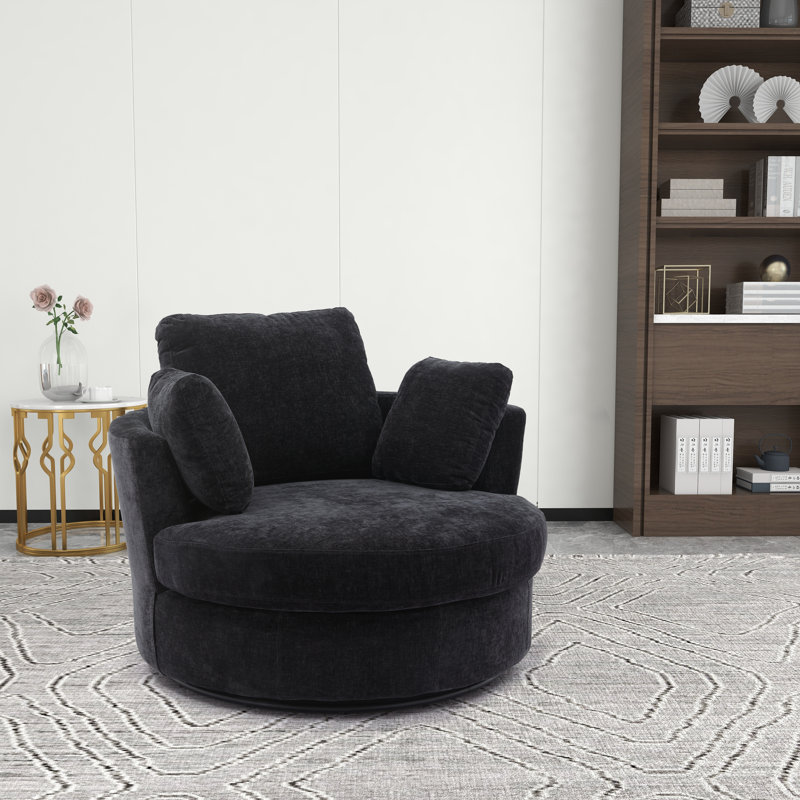 Chemaia Black Polyester Swivel Barrel Chair with Recessed Arms