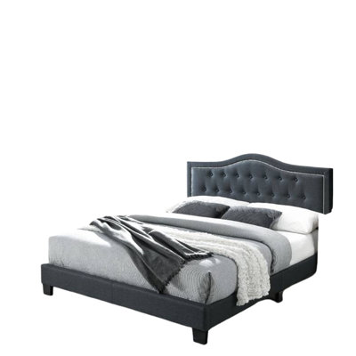 European Queen Bed Frame With Button Headboard In Charcoal, Middle Support Legs, Bedroom Luxury Charcoal Frame, No Box Spring, Furnishing