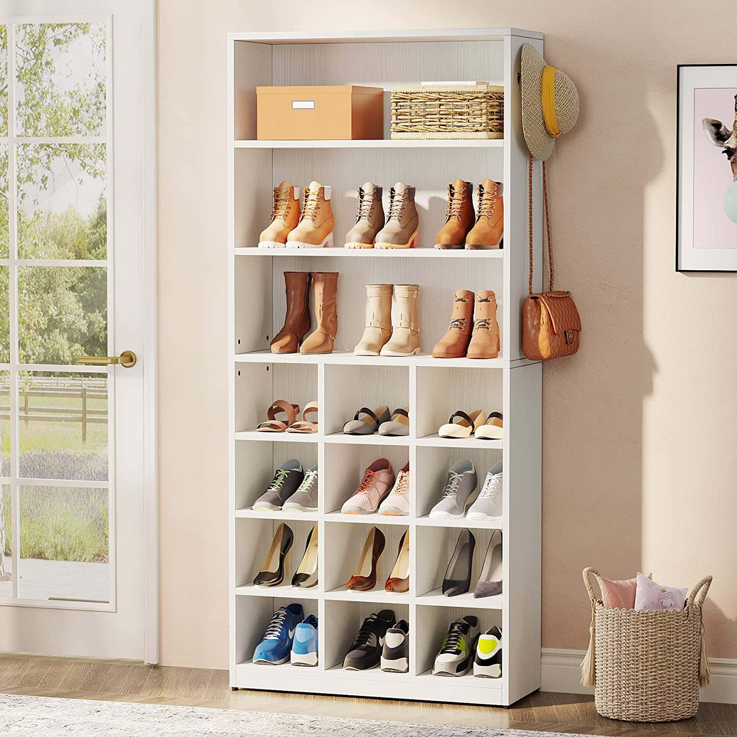 Wooden Shoe Cabinet for Entryway, White Shoe Storage Cabinet with 2 Fl