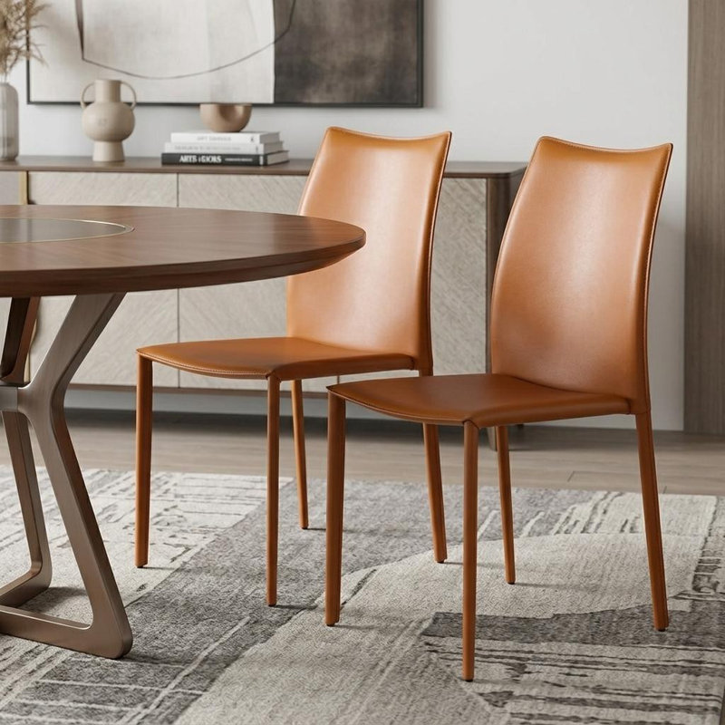 Two Pieces of Irmingard Premium All Black Leather Match Stacking Dining Chairs, Terracotta, Terracotta
