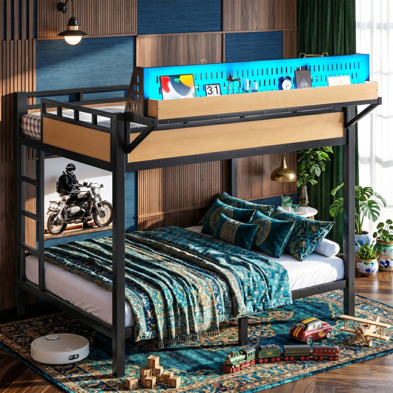 Lit superposé en métal de 82 po avec lumières DEL et ports USB, cadre de lit noir et naturel multi-tailles avec tablettes de rangement et panneau perforé