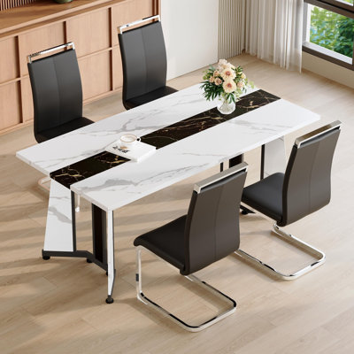 Ensemble de table de salle à manger 5 pièces comprenant un plateau en faux marbre et des pieds de soutien profilés. La table de salle à manger 70,9 po rectangulaire pour 4 personnes offre stabilité, confort et style.