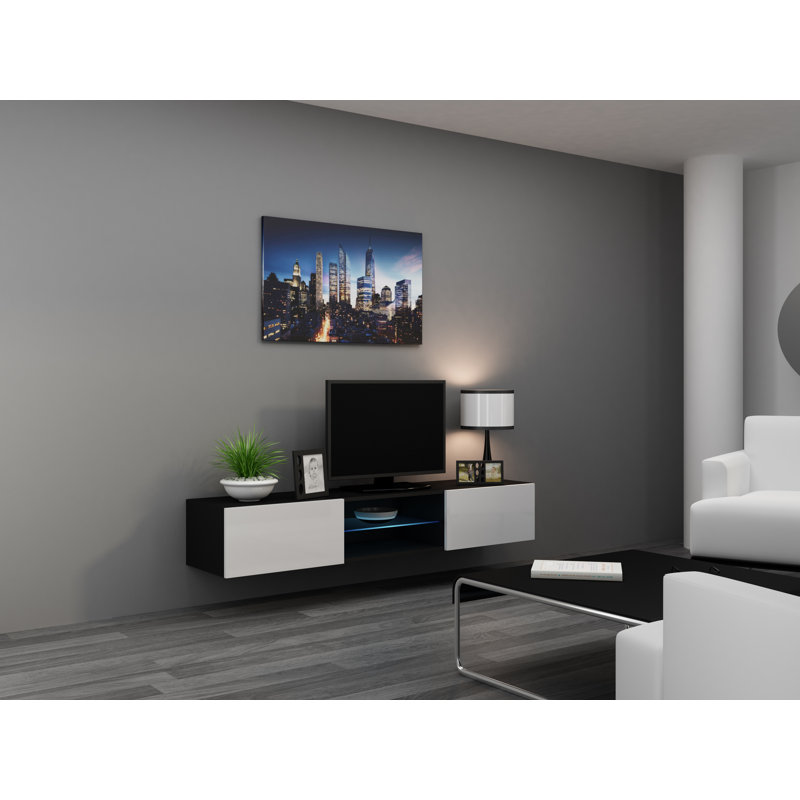 Robertson Unfinished Floating TV Stand for TVs up to 88", Black/White Gloss
