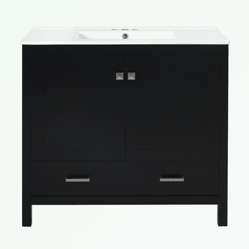Meuble-lavabo de salle de bain avec lavabo en céramique, tablettes de rangement doubles et tiroir divisé