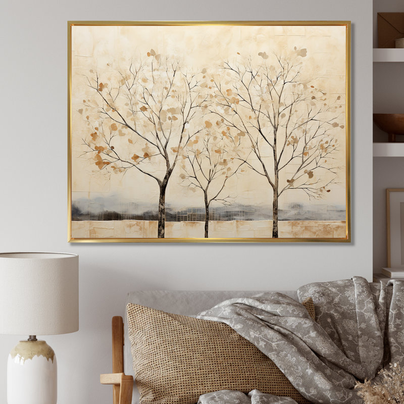 Harmonisation d'arbres beige V sur toile, Cadre flottant doré, H 12 po x l 20 po x P 1 po