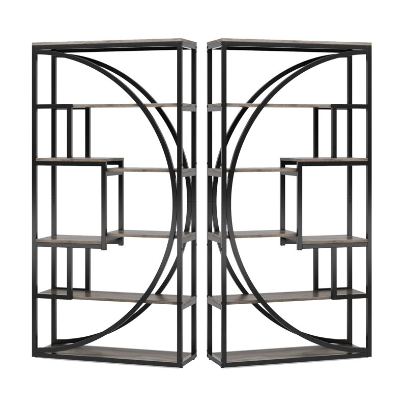 Modern Bookcase, 5 Tier Geometric Display Shelves, 71 Inch Black Metal