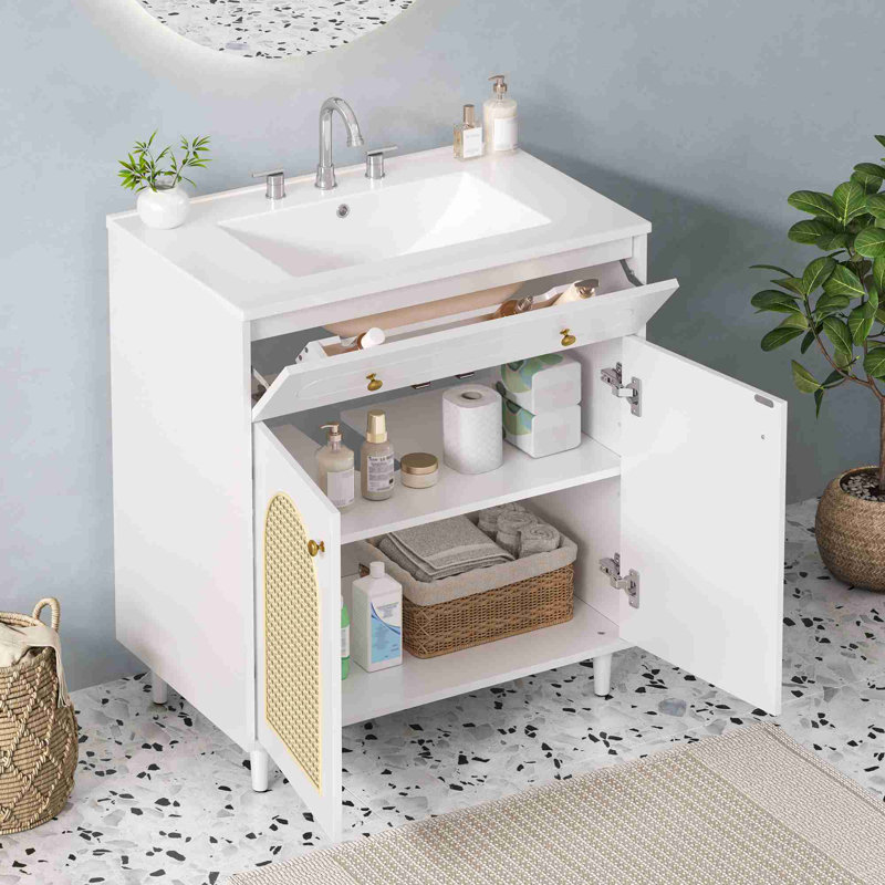 Meuble-lavabo avec tablette réglable, Blanc / Doré