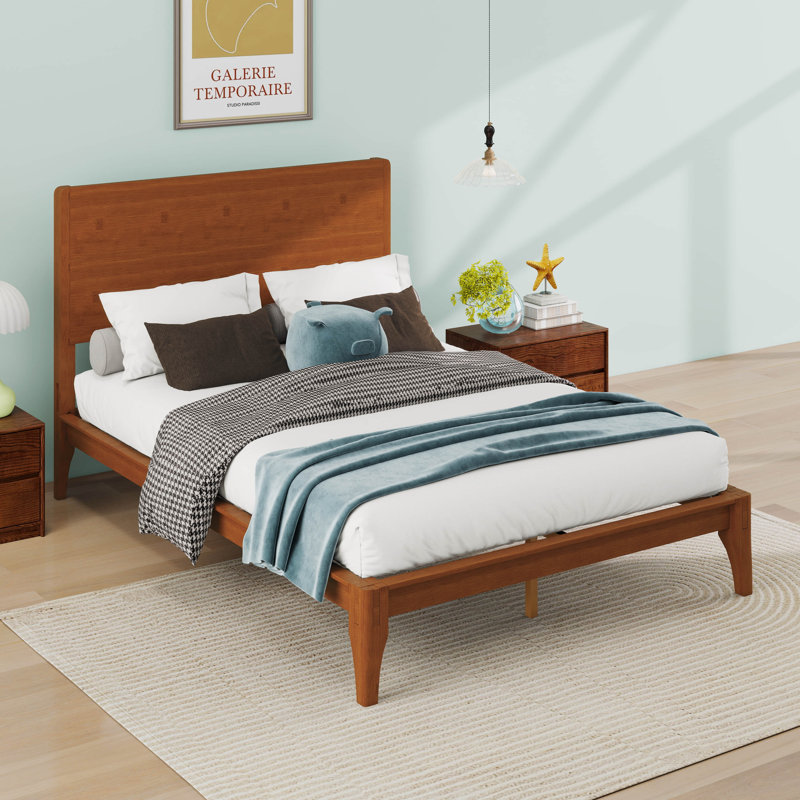 Base de lit, base de lit en bambou avec tête de lit, lit plateforme Mid-Century moderne, 12 lattes en bois massif, Double