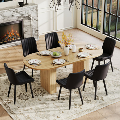 Ensemble de table de salle à manger ovale en bois aggloméré 62,99 "avec chaises en cuir de polyuréthane 4/6, base en bois à piédestal, sièges 4-6 pour la cuisine et la salle à manger