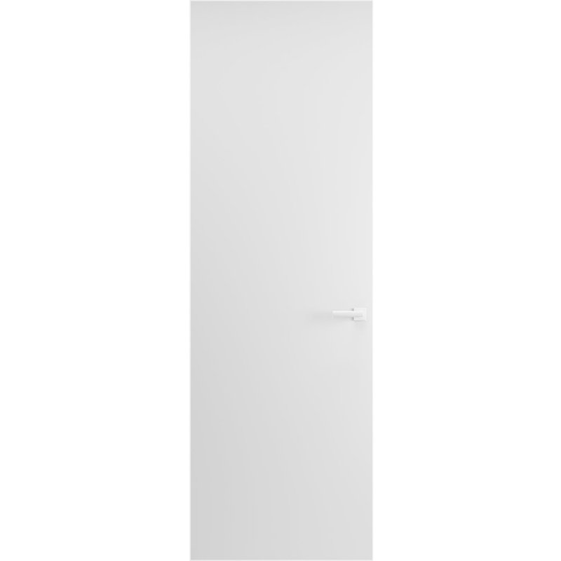 Porte moderne en bois massif avec poignée dissimulée, modèle Planum 0010, apprêtée avec cadre invisible blanc, 45,7 cm x 203,2 cm, ouverture extérieure à gauche, charnières blanches, poignée de verrouillage, armoire moderne, portes en bois massif.