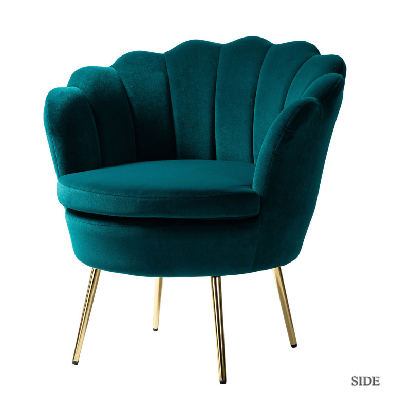 Donata  Modern Velvet Barrel Chair with Channel Tufted Back and Scalloped Seashell Edges, Teal