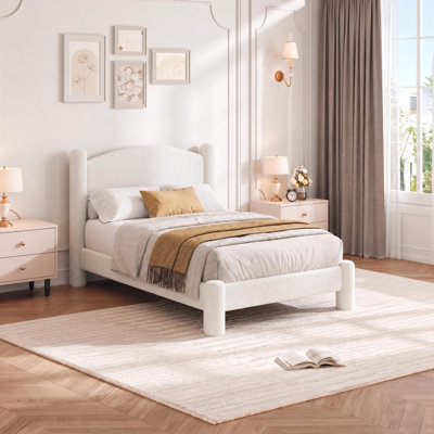 Cloud Boucle Upholstered Platform Bed Frame with Round Headboard - Cylindrical Legs - Heavy-Duty Noise-Free Wood Slats, No Box Spring Needed - Full, White