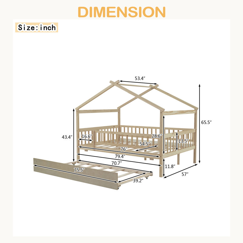 Lit en bois avec lit gigogne simple, Lit double, Naturel