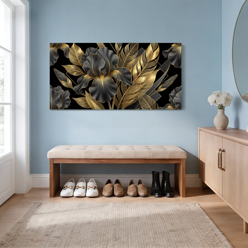 Ensemble de 1 tableau mural en toile tendue représentant un iris floral noir et or, H 20 po x l 40 po