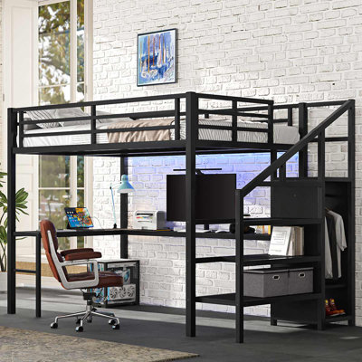 Full Size Loft Bed With L-Shaped Desk And USB, High Loft Bed With LED For Kids Teens