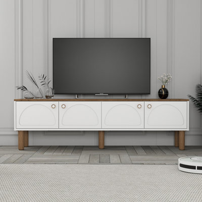 Modern TV Stand with Wall-Mount Option, White, 70.9 x 20.9 x 13.8 inches | 100% Melamine Coated Particle Board, Thickness: 0.7 inches | Numerous Shelves for Storage, Stylish Geometric Design for Contemporary Homes
