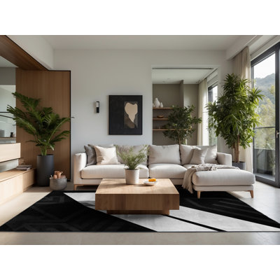 Tapis à motif de chevrons doux et moelleux à motif abstrait et géométrique noir et moderne - Reliure noire