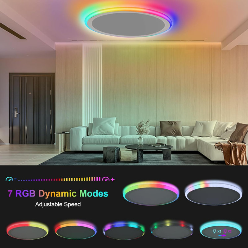 30W RGB Dimmable LED Flush Mount Ceiling Light With Remote Control, 3000-6500K CCT, Modern Design