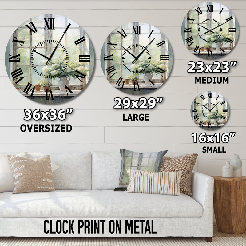 Countryside Calm Blooms Farm Windows I - Farmhouse Windows  Black Face Wall Clock, Large